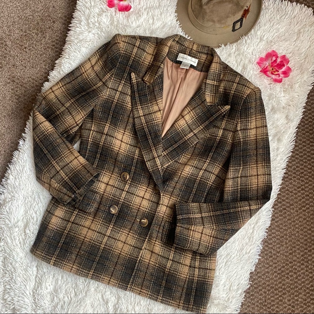 Vintage Casual Corner Plaid Flannel Print  Wool Double Breasted Womens  Blazer